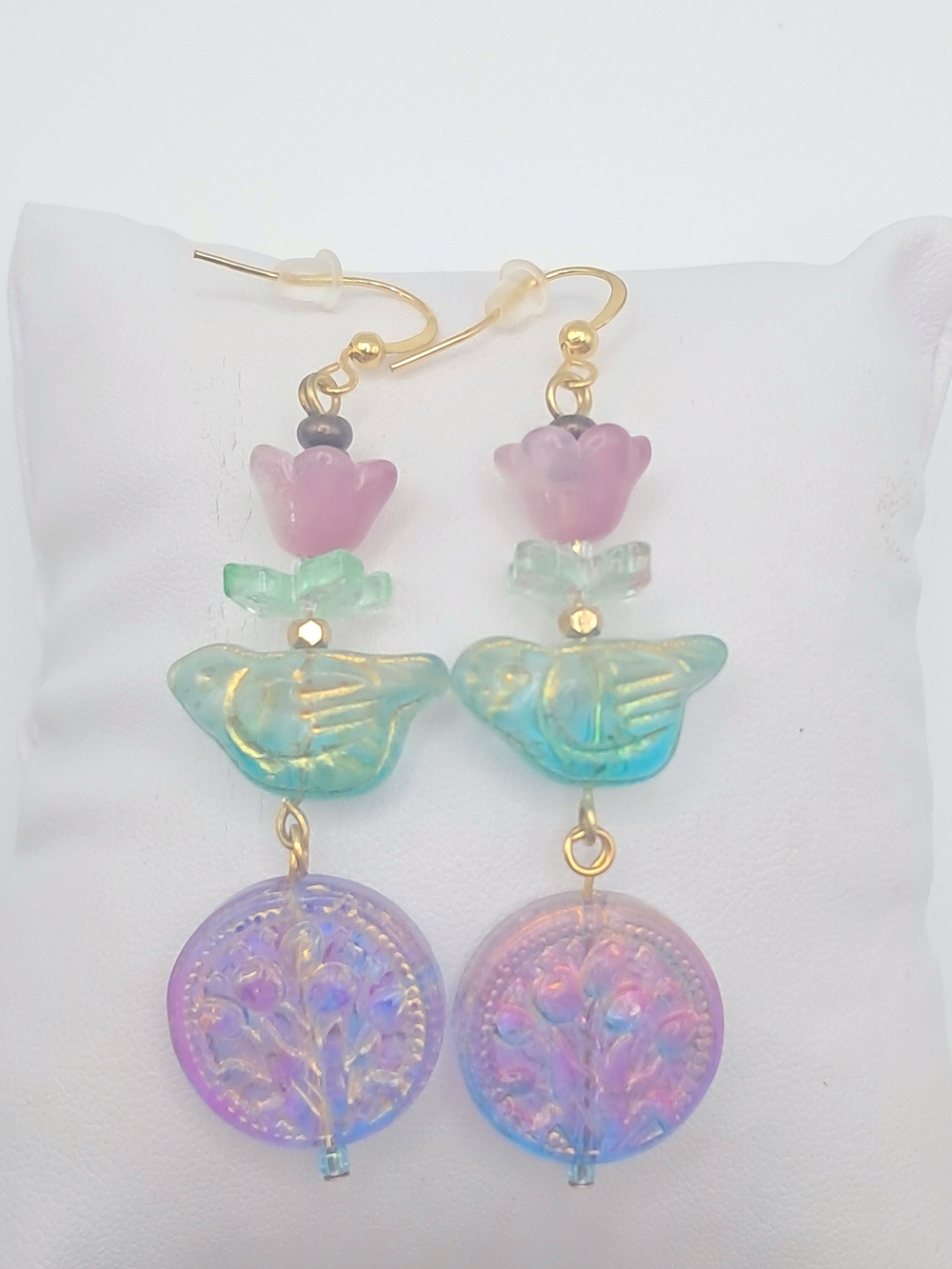 Nature Inspired Czech Glass Bird & Floral Drop Dangle Earrings Jewelry Colorful - Picture 4 of 8